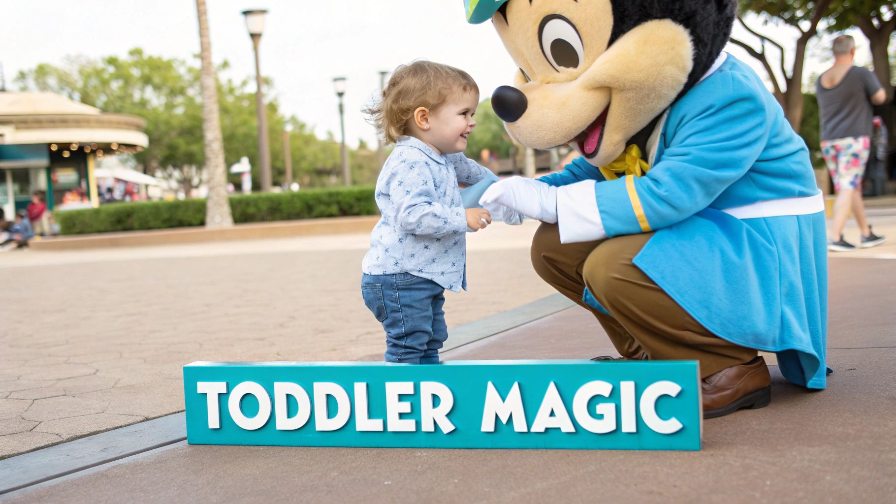 A smiling toddler interacts with Mickey Mouse, who is crouching, next to a 'TODDLER MAGIC' sign.