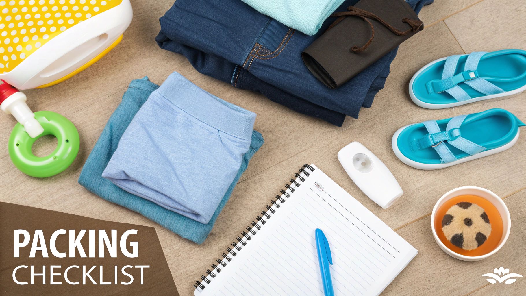 Flat lay of vacation packing essentials including clothes, sandals, toy, and a notebook with 'Packing Checklist' text.
