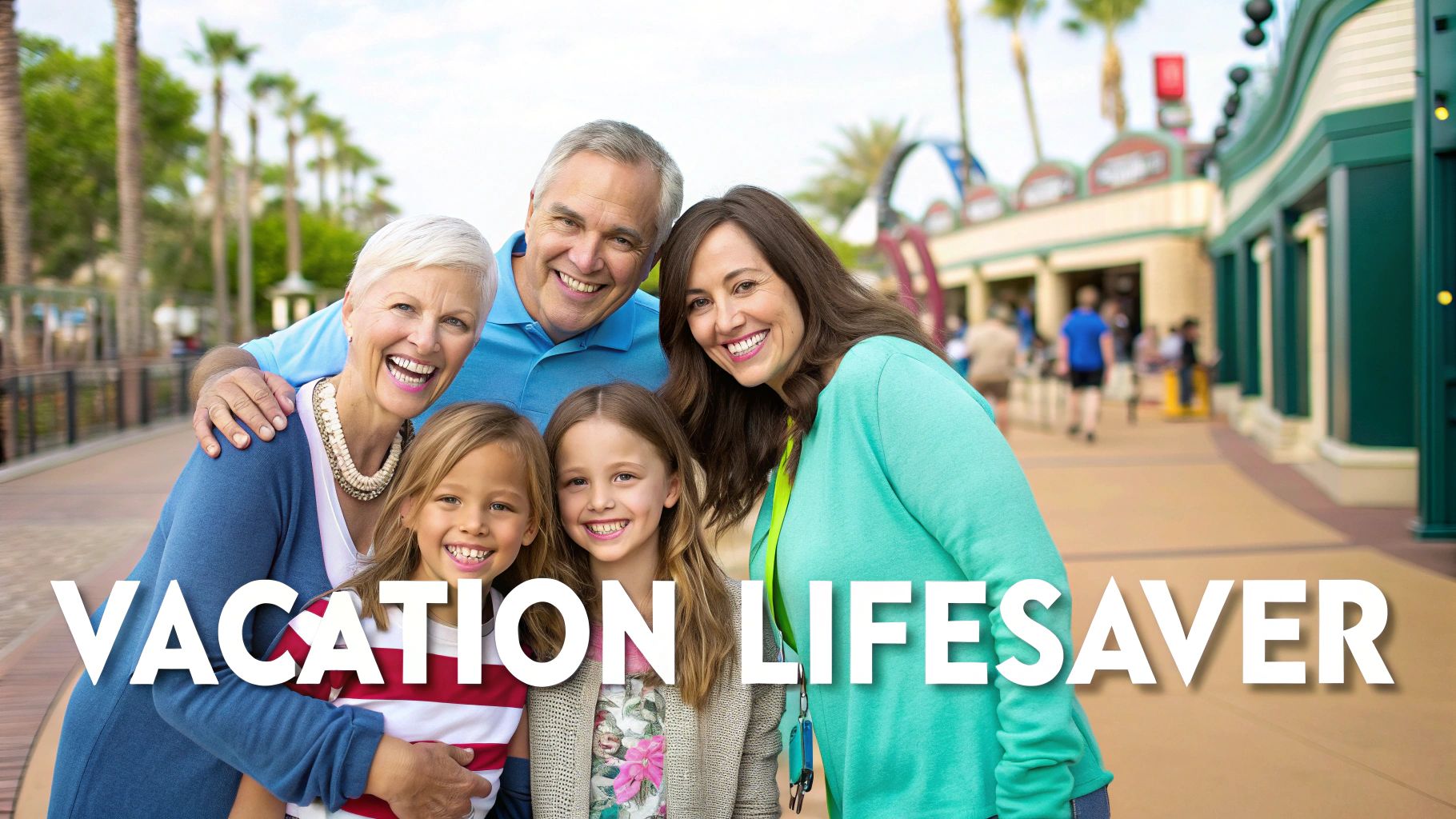 A smiling multi-generational family of five, including grandparents, mother, and two girls, enjoying a vacation.