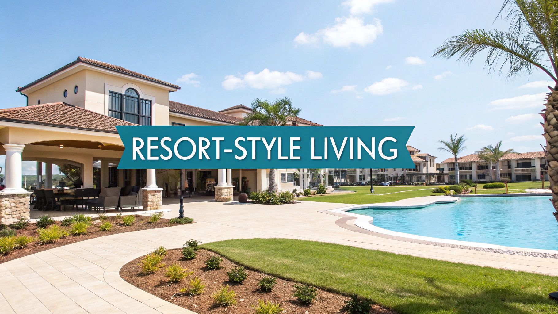 A luxurious resort-style property featuring a large swimming pool, elegant buildings, and lush landscaping.