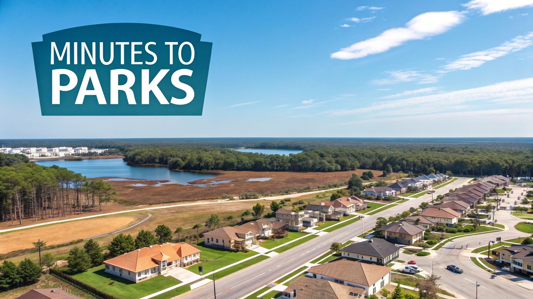 Aerial view of a residential community with houses, roads, a lake, and trees under a blue sky, featuring "MINUTES TO PARKS" overlay.