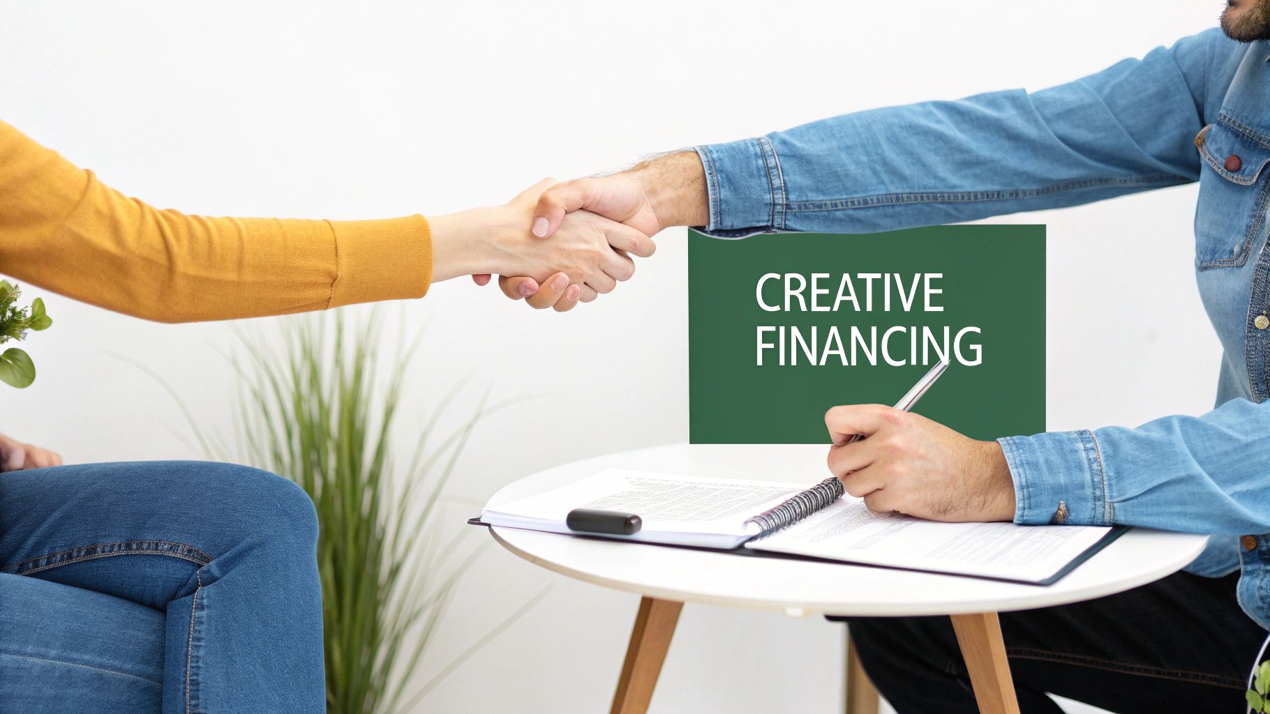 Business partners shake hands after discussing creative financing options, with documents on the table.