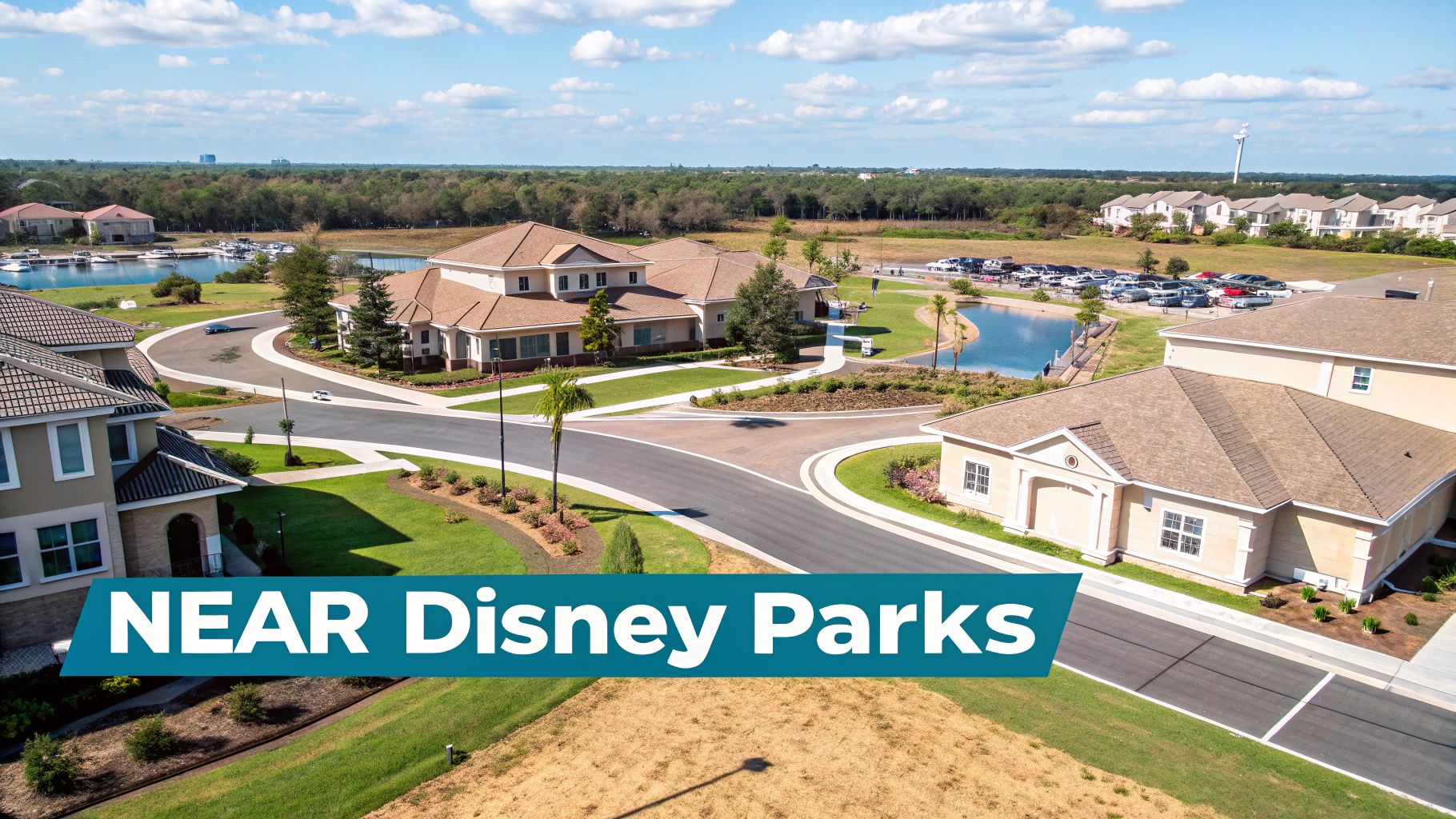 Aerial view of a sunny resort community with vacation homes, ponds, and boats, located near Disney Parks.