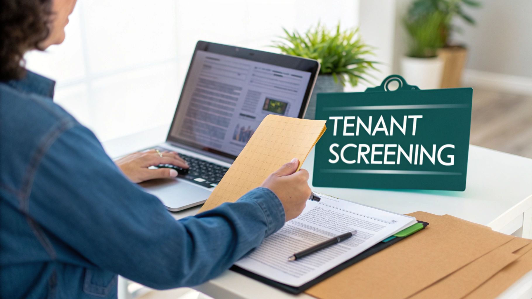 Back view of a person using a laptop and reviewing documents for tenant screening.