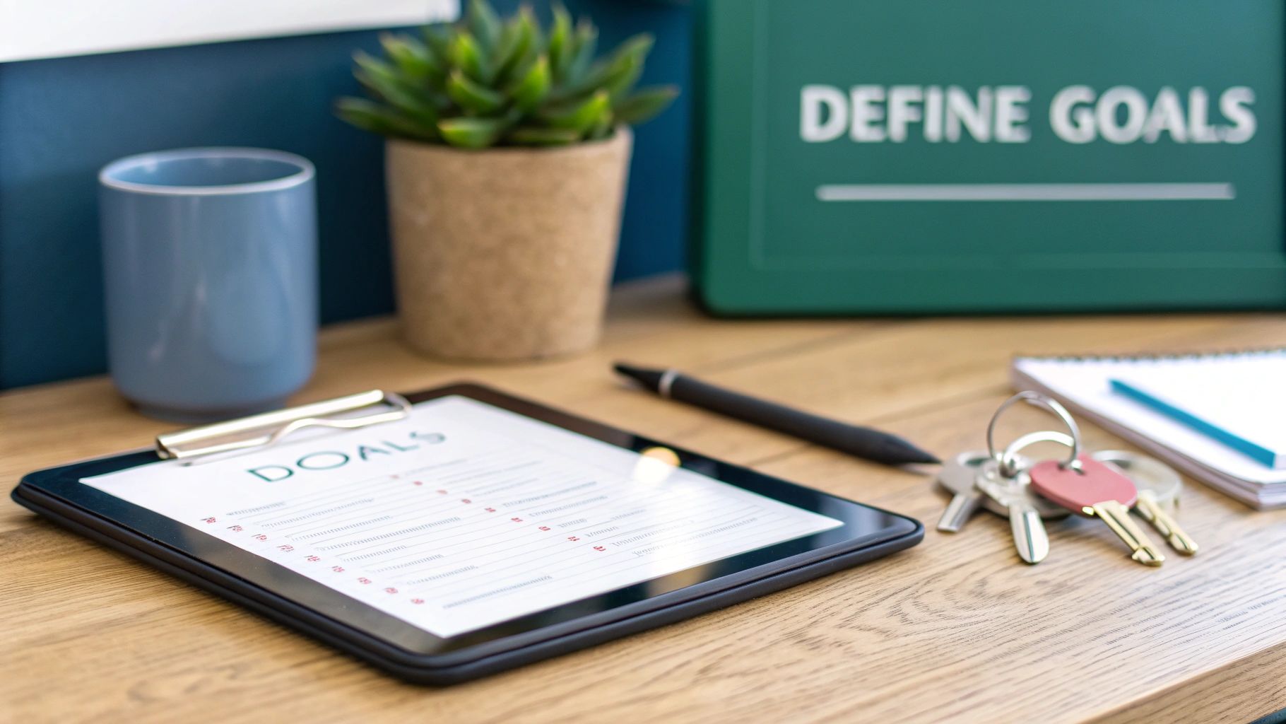 Work desk with a tablet displaying a goals list, keys, a pen, and a 'Define Goals' sign.
