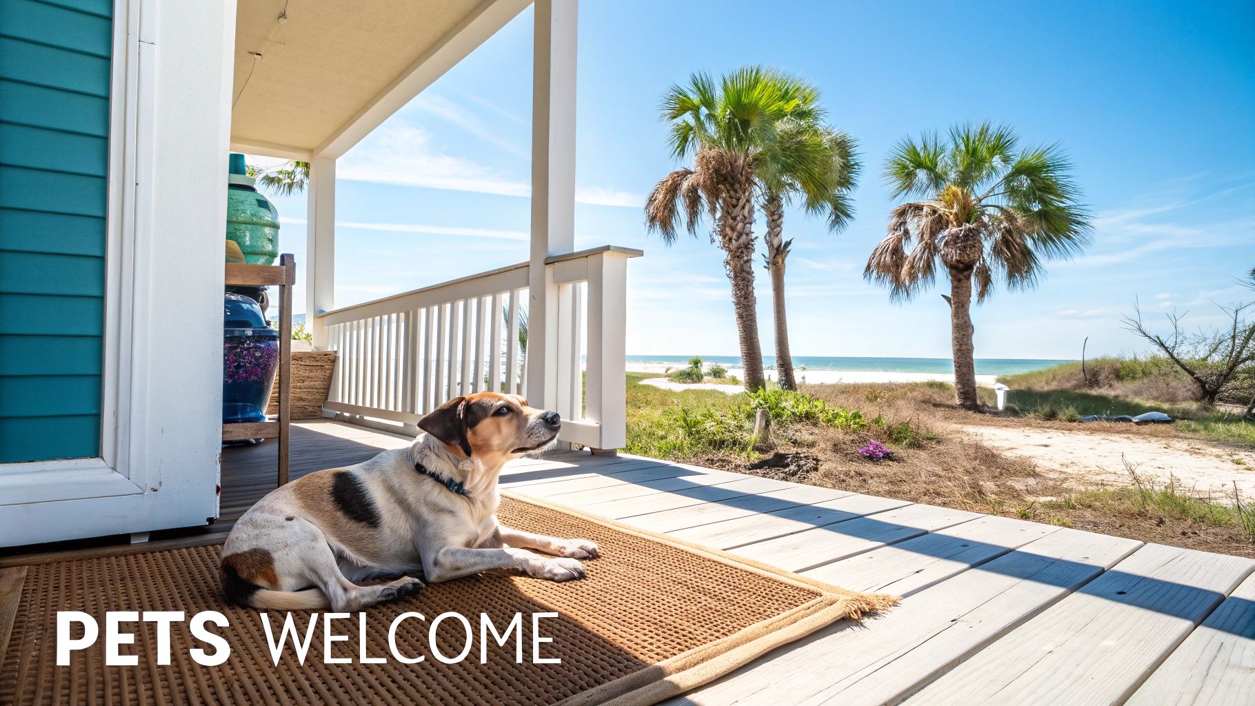 A happy dog lounges on a sunny porch overlooking a beautiful beach with palm trees. Text: Pets Welcome.
