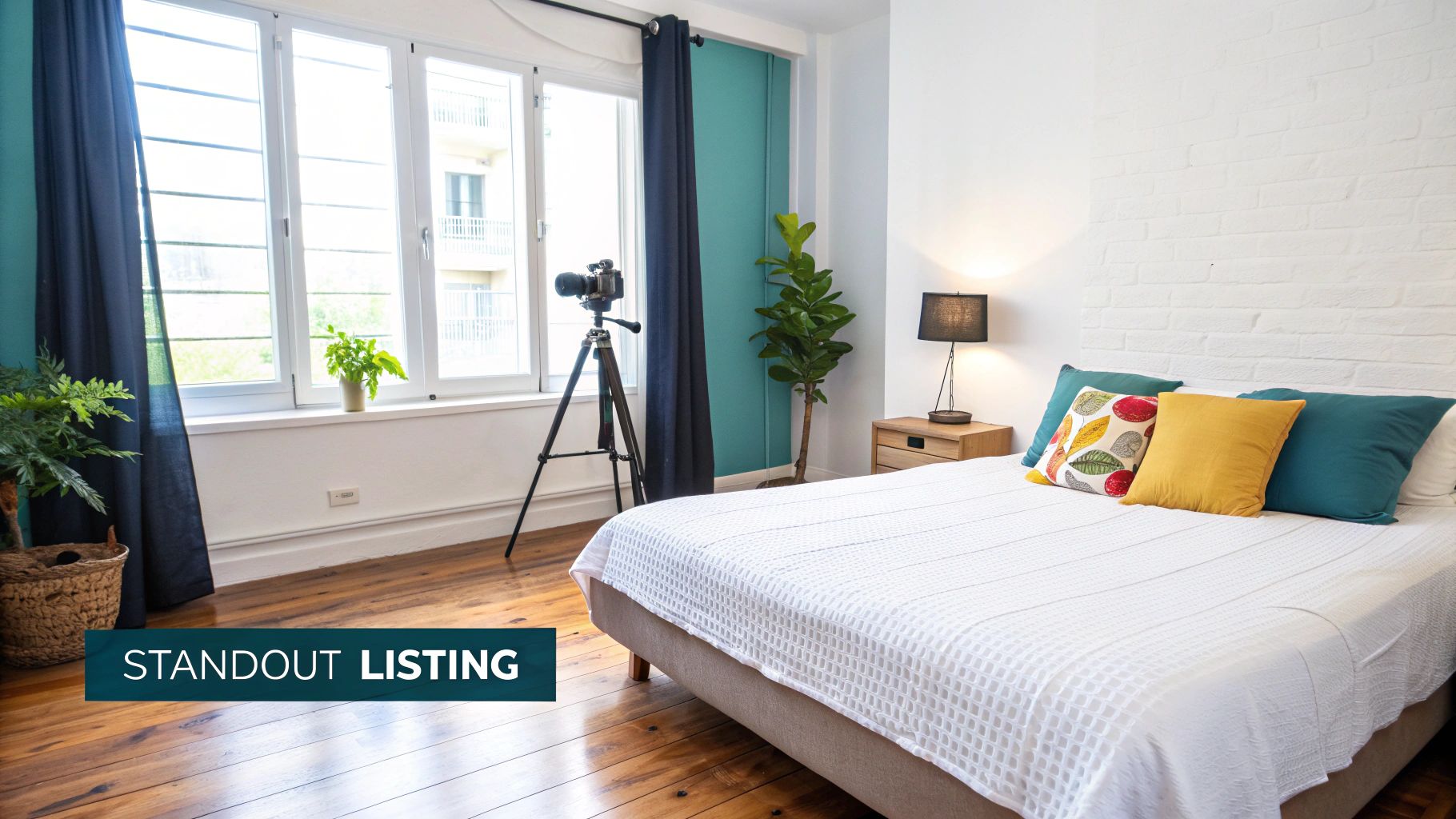 A bright, modern bedroom with a neatly made bed, colorful pillows, and potted plants.