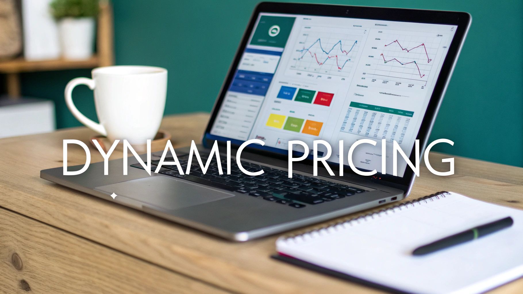 A laptop displays dynamic pricing data and graphs on a wooden desk with a coffee mug.