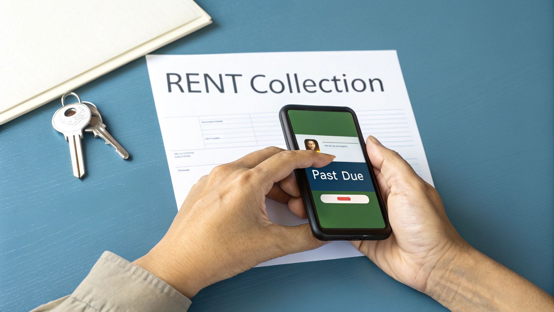 Hands holding a smartphone displaying 'Past Due' on a rent collection document, with keys nearby.