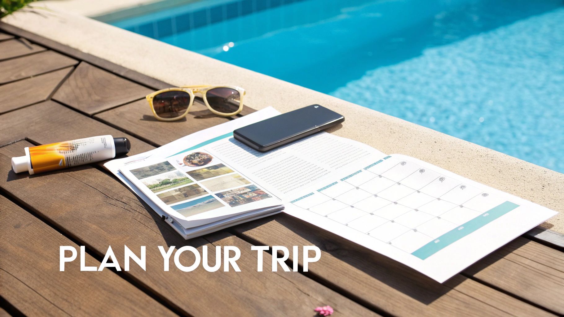 A travel planner, sunglasses, sunscreen, and a phone on a wooden deck by a pool, encouraging trip planning.
