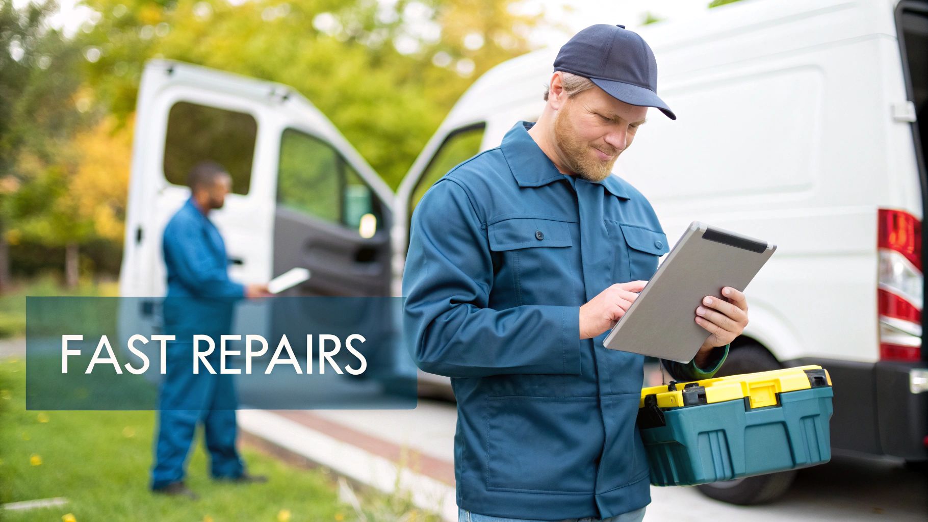 Smiling repairman in uniform using a tablet and holding a toolbox, with a colleague and service van.