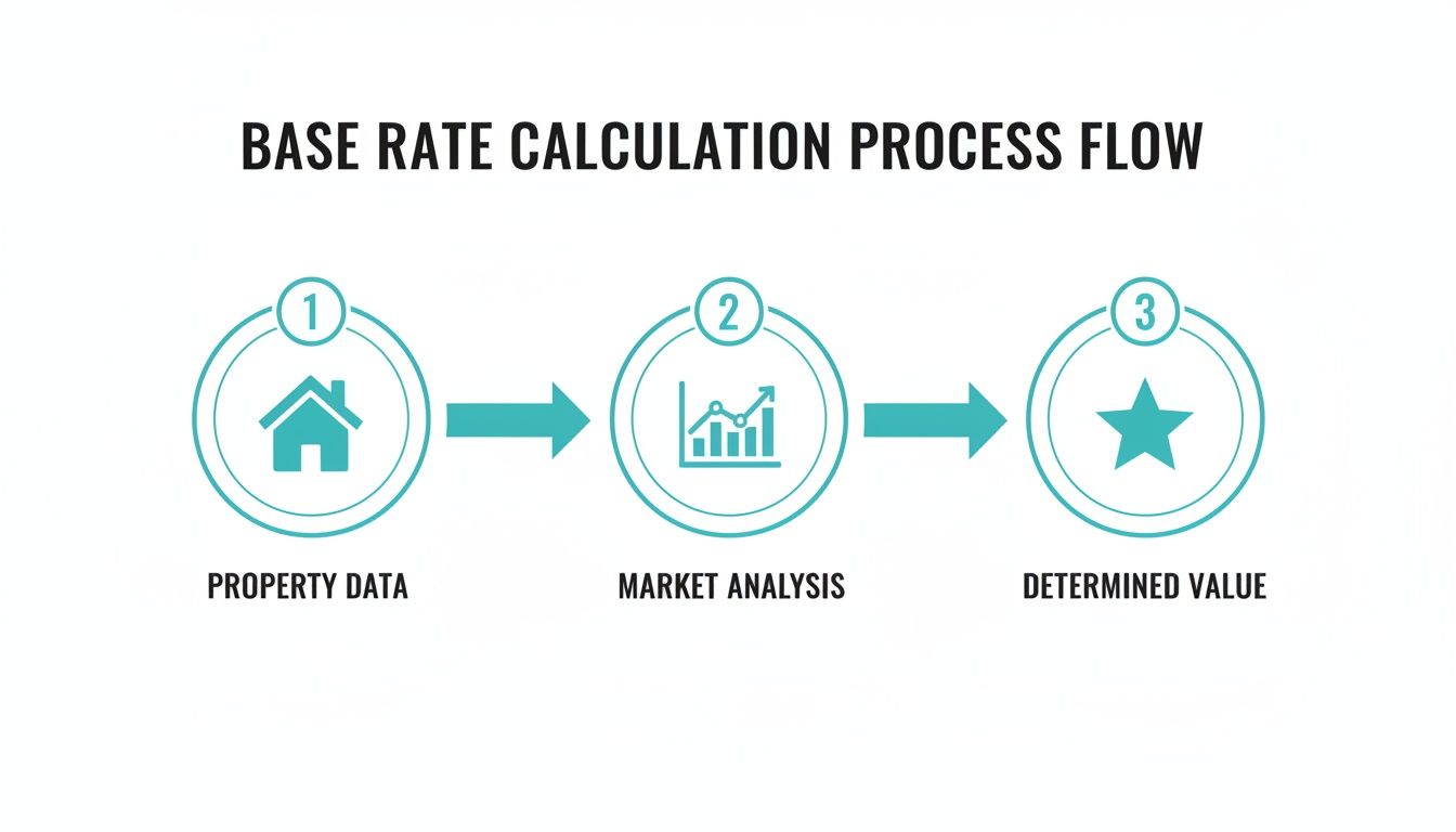 Process flow illustrating base rate calculation steps: property data, market analysis, and determined value.