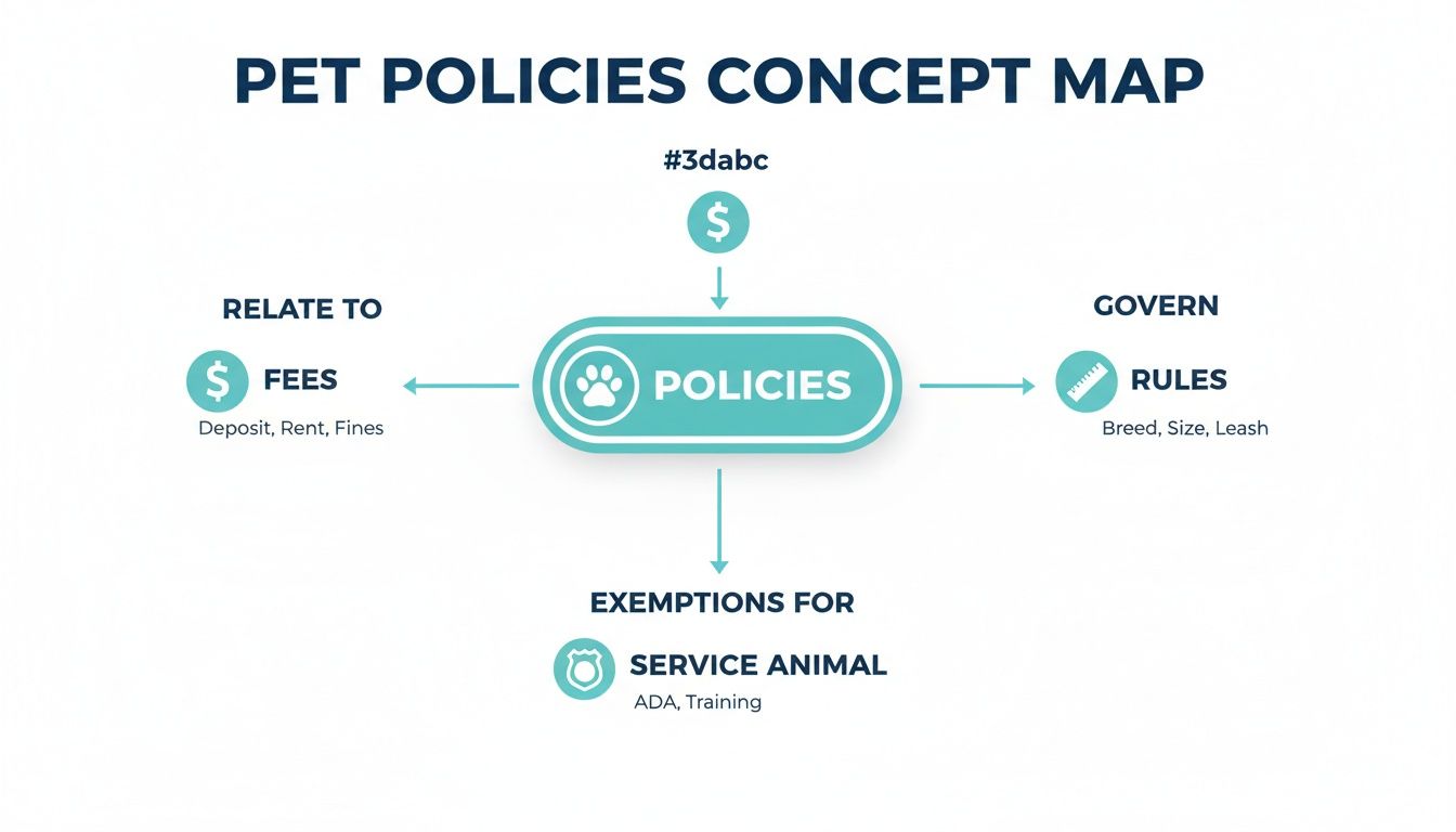 A concept map titled 'Pet Policies' illustrating relationships between policies, fees, rules, and service animal exemptions.