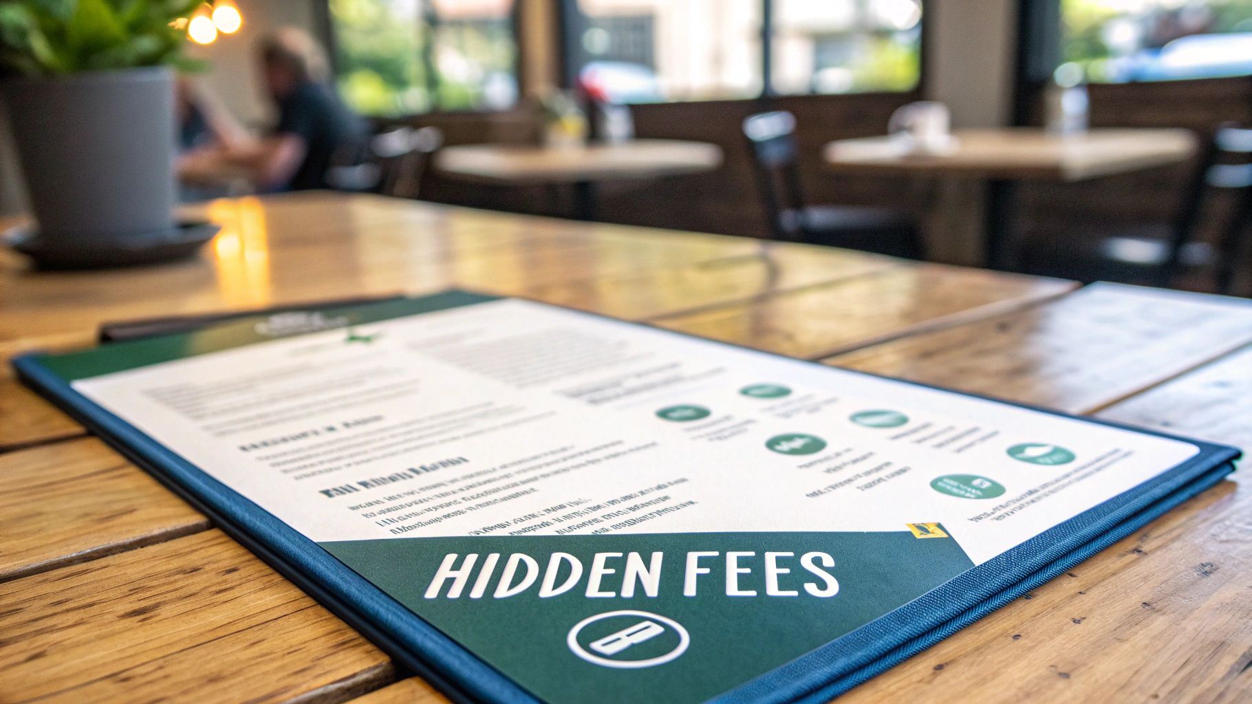 Close-up of a restaurant menu featuring 'Hidden Fees' text on a rustic wooden table.