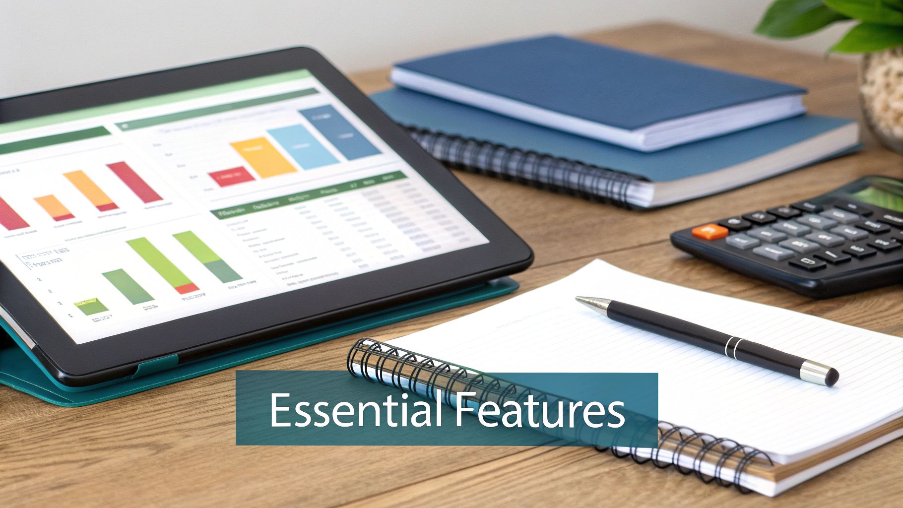 A tablet displaying financial charts and data, alongside a calculator, notebooks, and pen on a wooden desk.