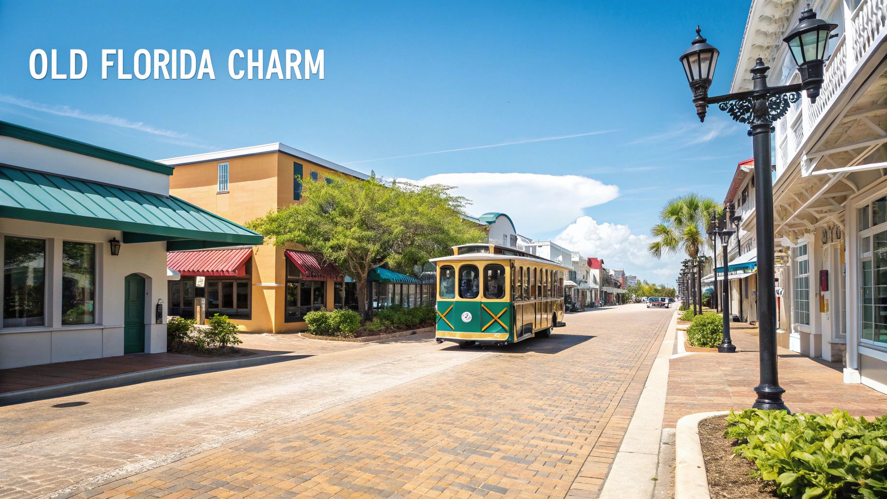 Charming brick street in a Florida town with a vintage trolley, colorful shops, and palm trees.