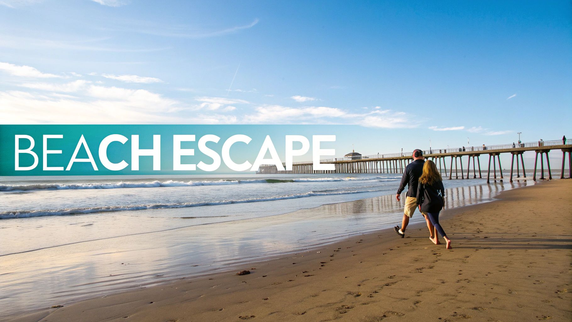 A couple walks on a sandy beach towards a pier under a blue sky, with 'BEACH ESCAPE' text.