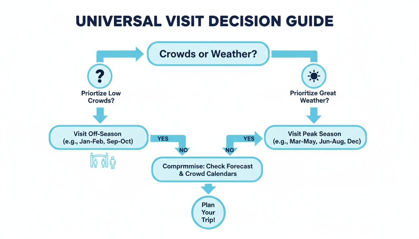 A flowchart guiding visitors on the best time to visit Universal Studios based on crowds or weather priorities.