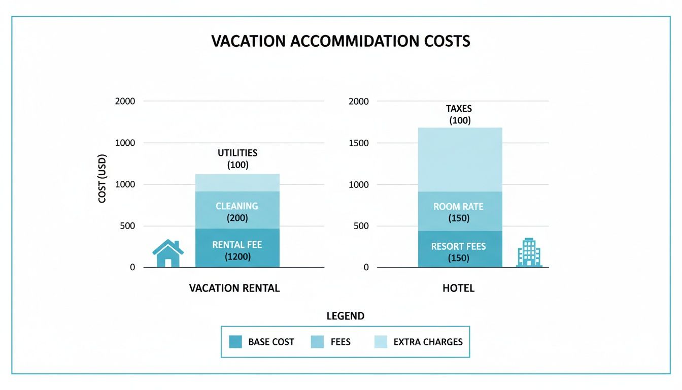 A stacked bar chart comparing vacation rental and hotel accommodation costs, detailing fee breakdowns.