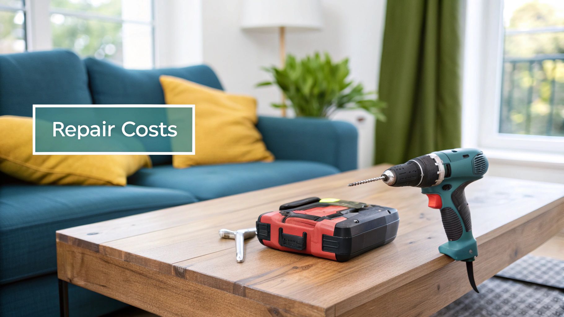 A teal couch with yellow pillows, a wooden coffee table, and repair tools including a drill and toolbox, with text 'Repair Costs'.