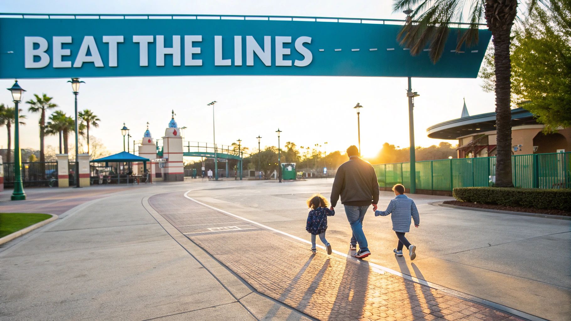 Father and two children entering a theme park with a 'Beat the Lines' sign at sunset.