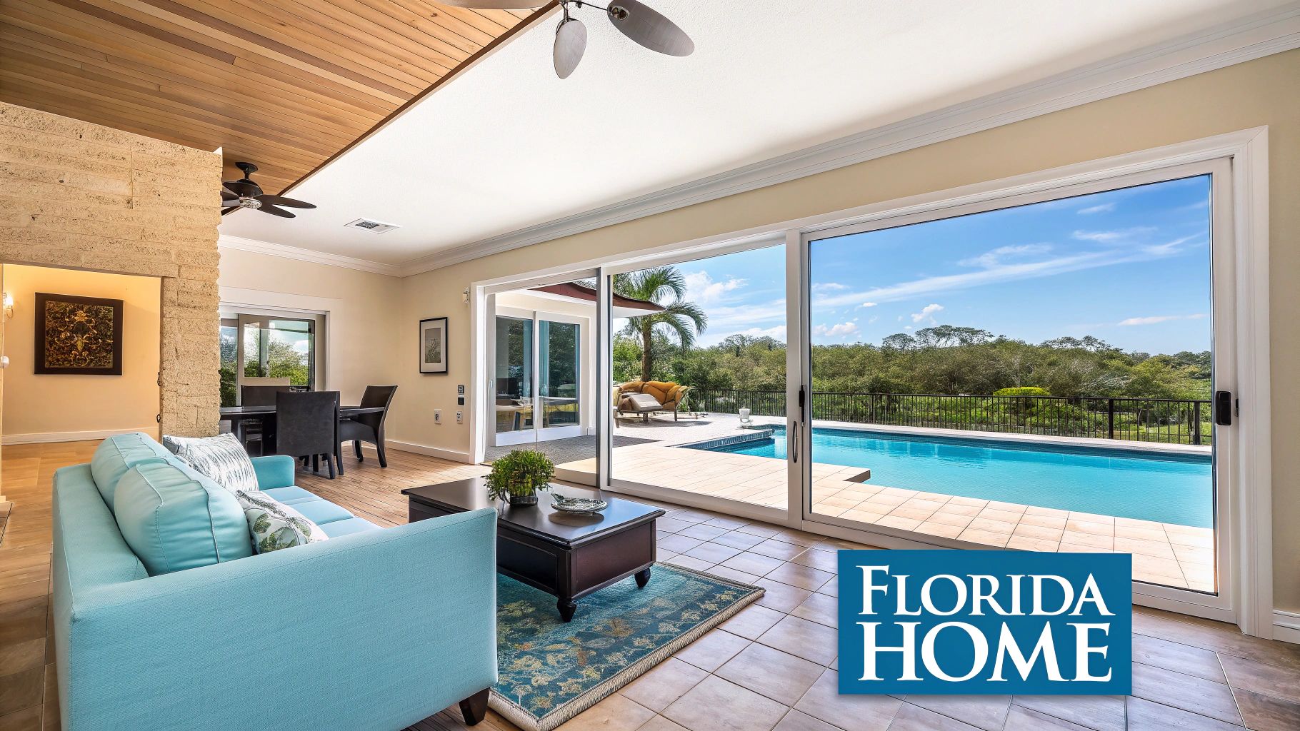 A bright living room with a blue sofa, dining area, and a view of a pool and tropical landscape.