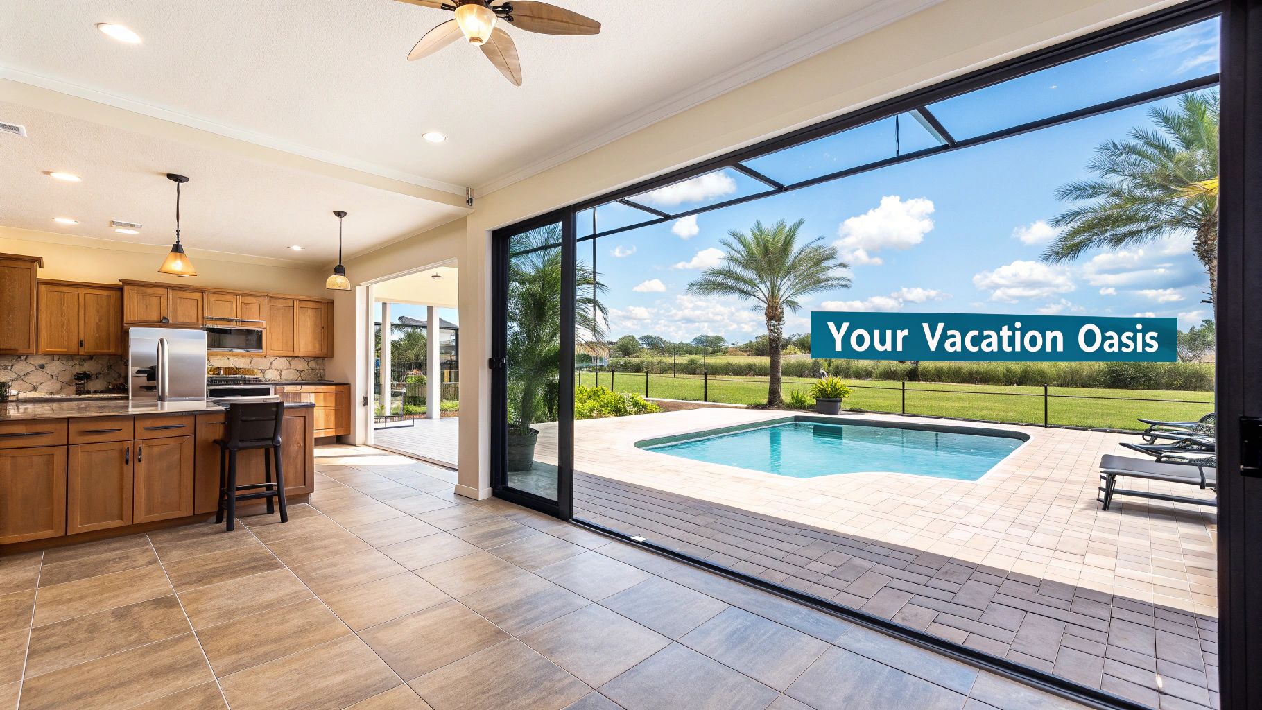 Spacious home interior with kitchen, living area, and large glass doors opening to a pool patio with palm trees.