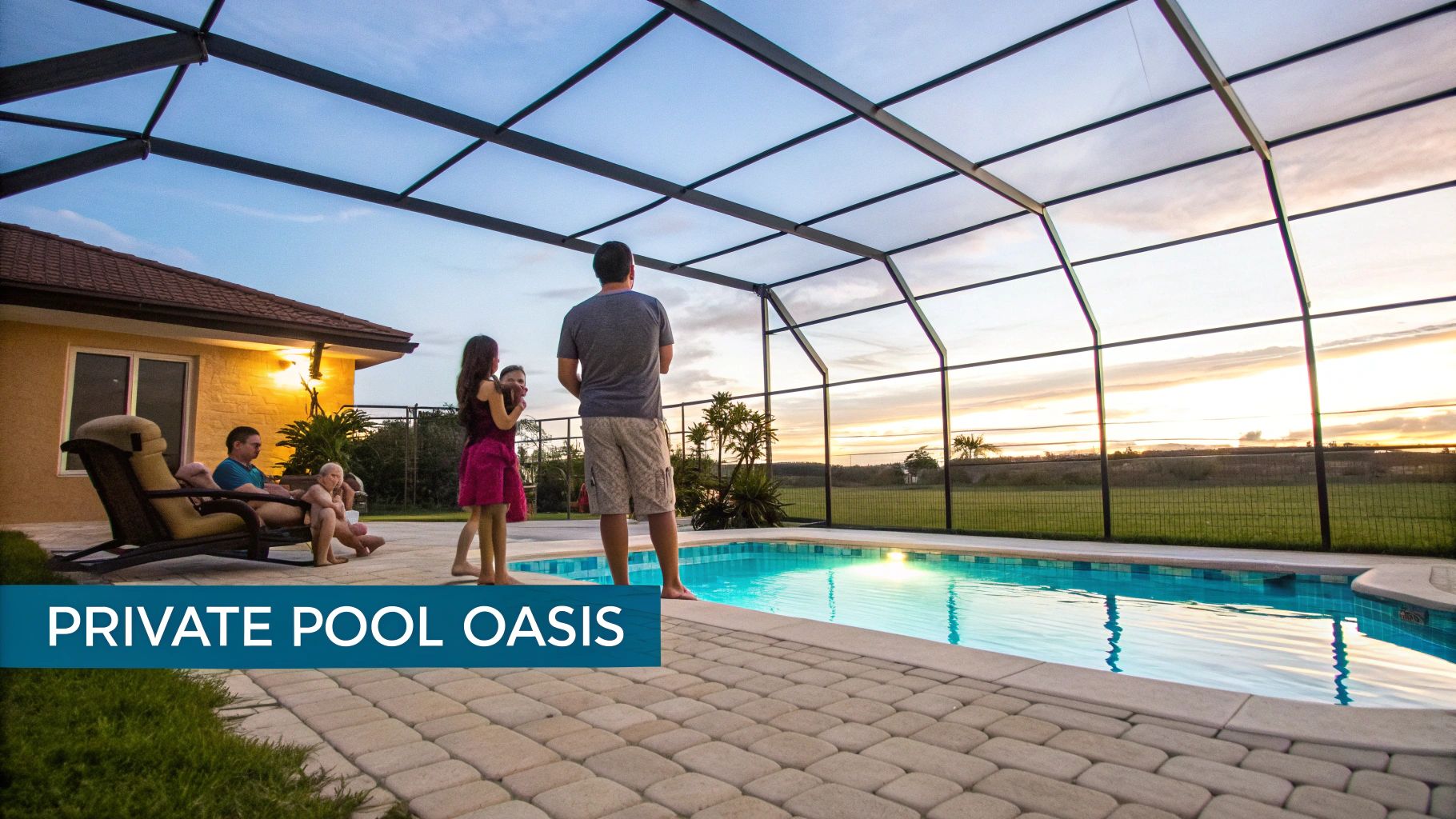 Family relaxing by a private screened pool at sunset, perfect for a vacation home.