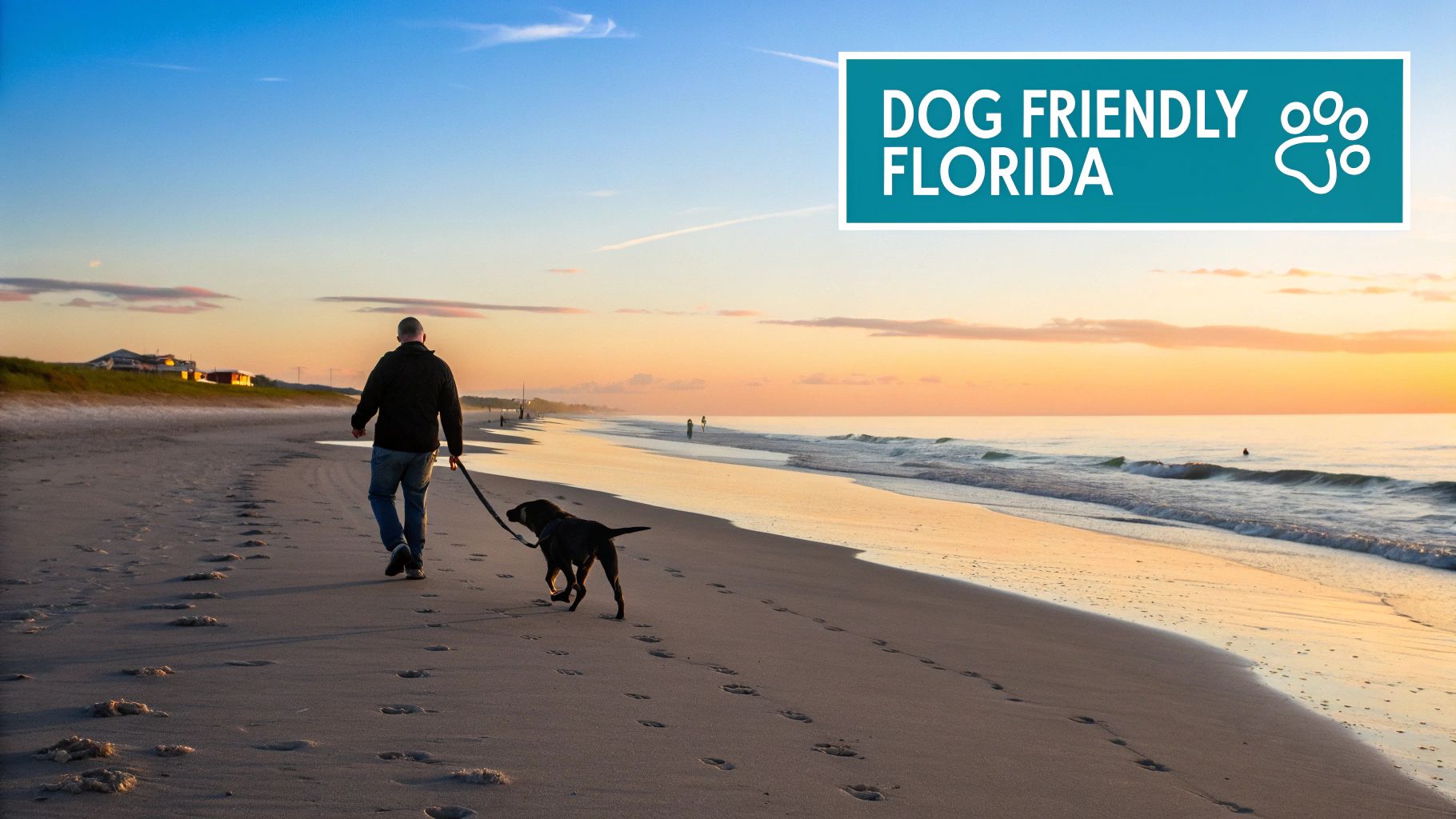 A man walks his dog along a serene beach at sunset with a "Dog Friendly Florida" sign.