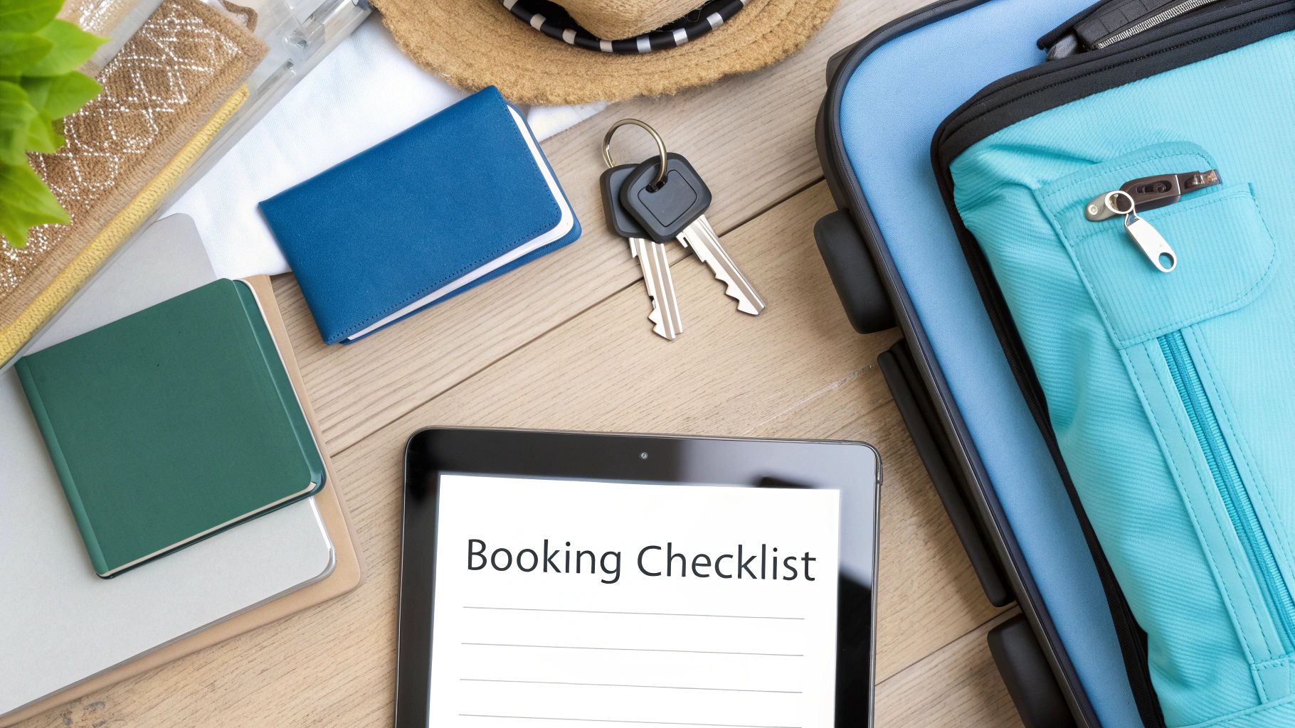 A tablet displaying a 'Booking Checklist' surrounded by travel items like keys, a passport, and a suitcase.