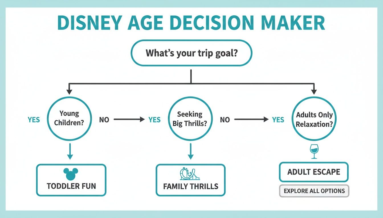 Flowchart guiding Disney trip planning based on age and preferences, leading to toddler, family, or adult experiences.