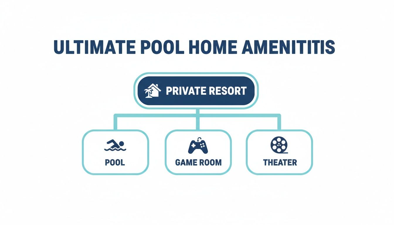 Diagram showing ultimate pool home amenities: a private resort with a pool, game room, and theater.