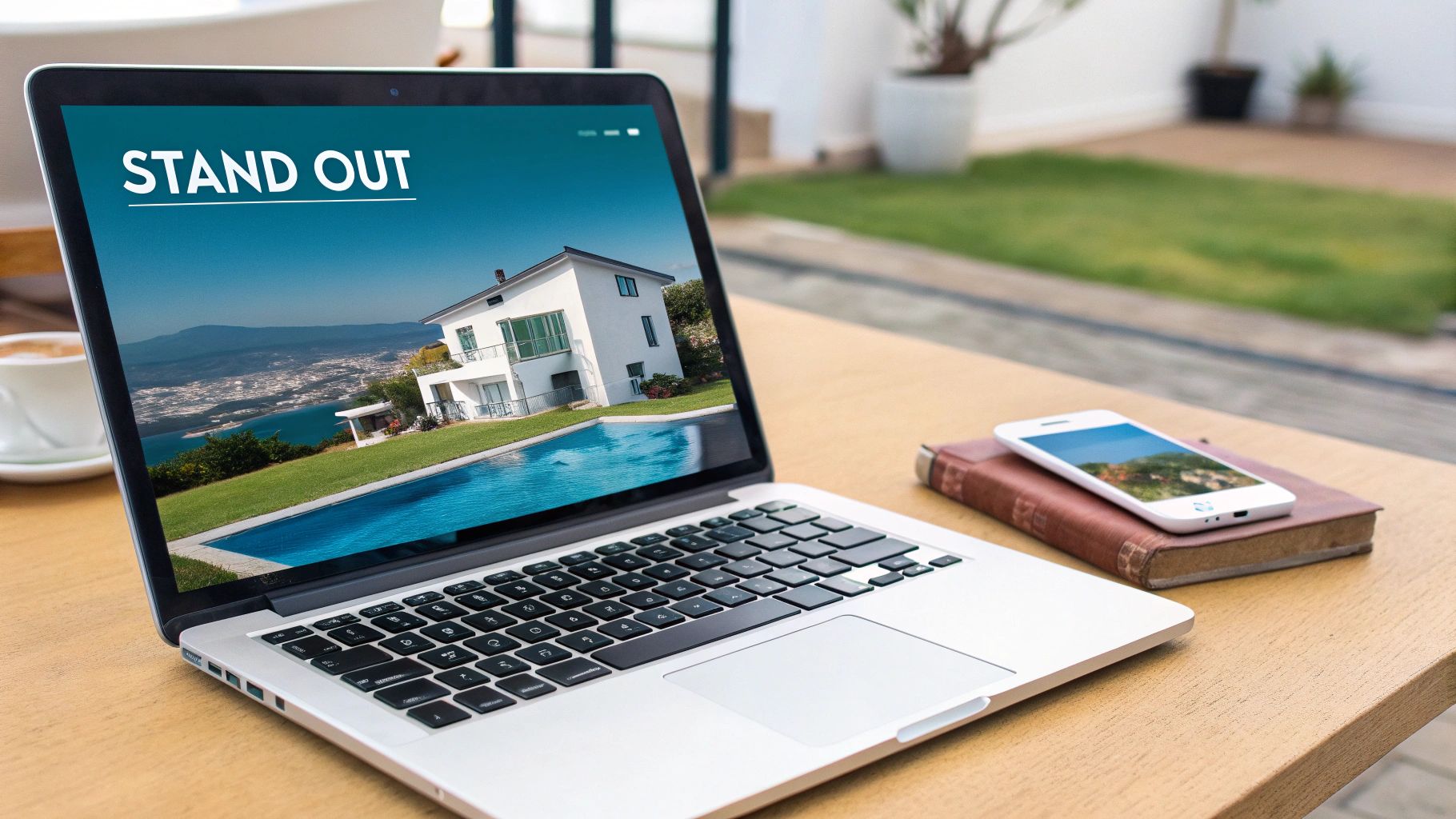 A laptop on a wooden table displaying a luxurious house with a pool, next to a smartphone on a book.