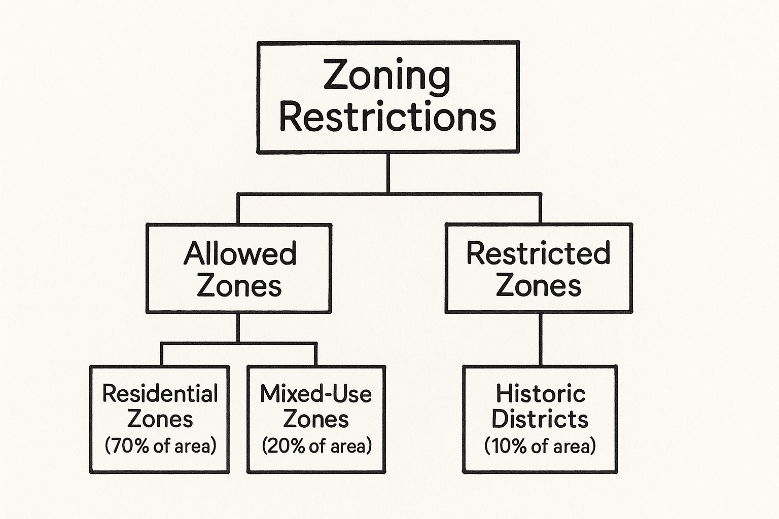 Infografía sobre la normativa de alquileres de corta duración que muestra una jerarquía de restricciones de zonificación, con la mayoría de las zonas permitiendo los alquileres y un pequeño porcentaje en distritos históricos restringidos.