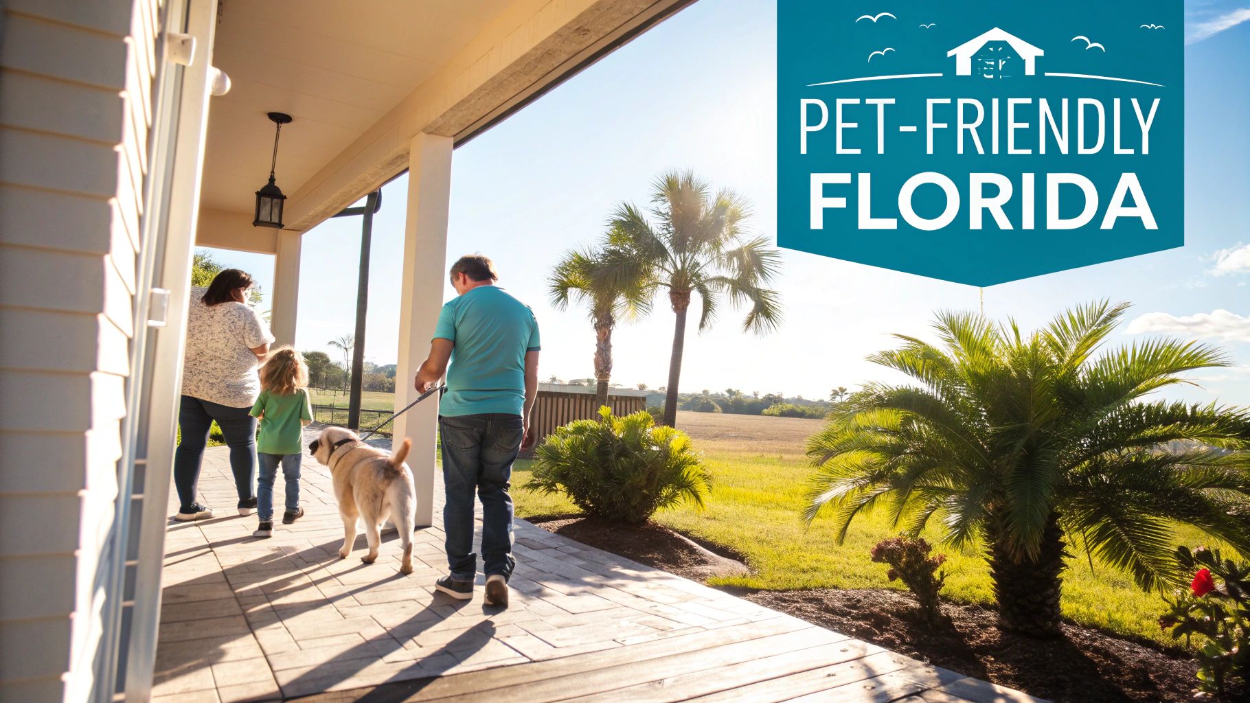 A family with a child walks their dog on a sunny porch with palm trees in pet-friendly Florida.