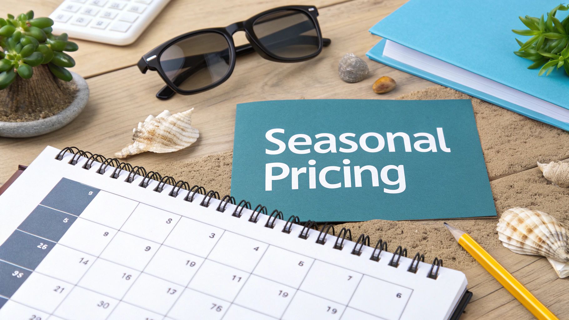 A flat lay of a 'Seasonal Pricing' card, calendar, sunglasses, and seashells on sand and wood.