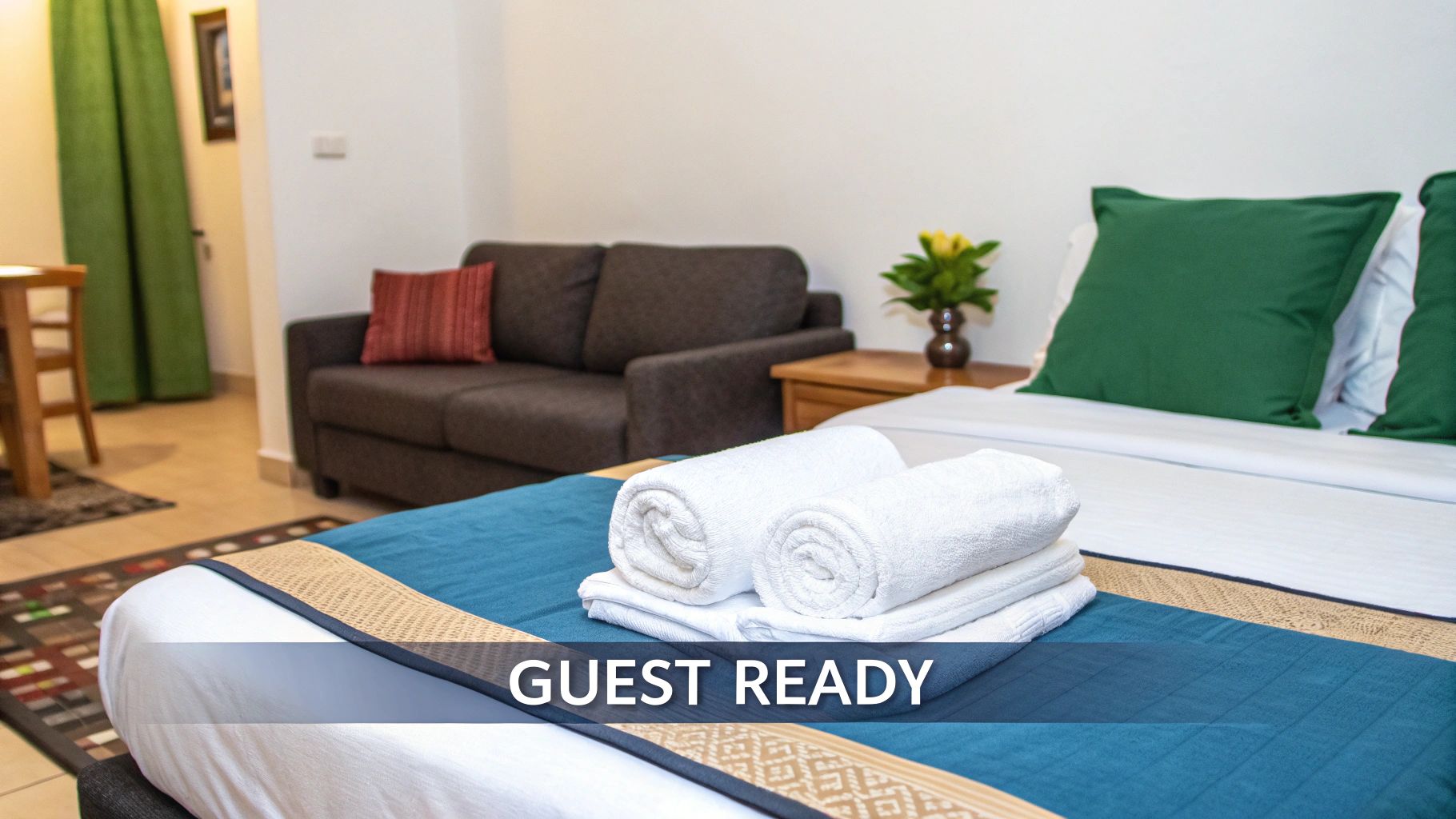 A bright and inviting hotel room or Airbnb studio with a bed, sofa, towels, and green pillows.