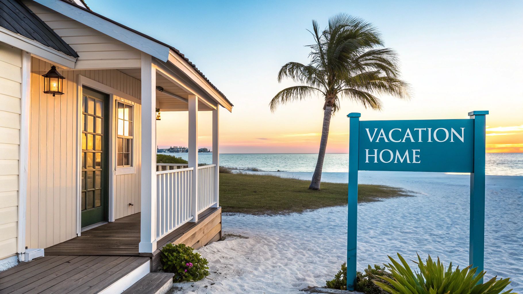 A tranquil vacation home on a sandy beach with a "VACATION HOME" sign and palm tree at sunset.