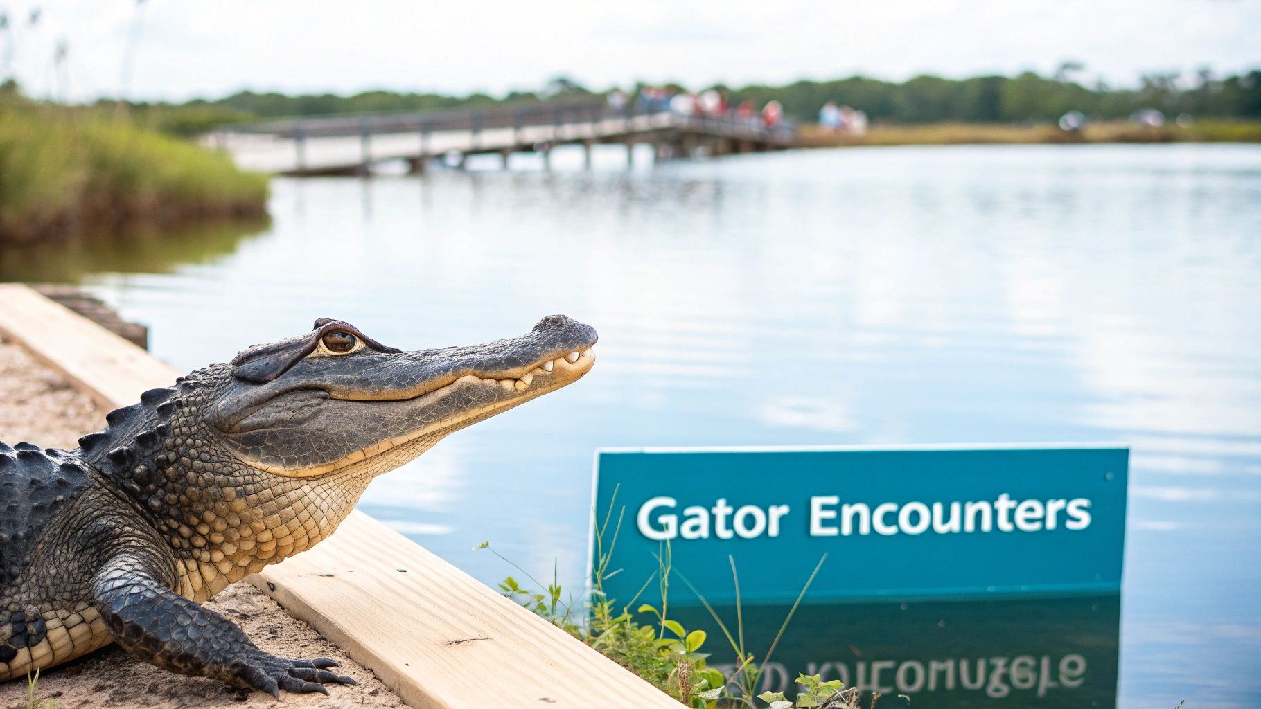 A close-up of an alligator on a wooden plank next to water and a "Gator Encounters" sign.