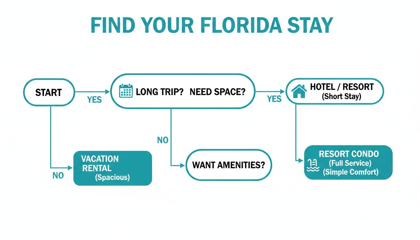 Flowchart guiding users to find the ideal Florida stay based on trip duration, space, and desired amenities.