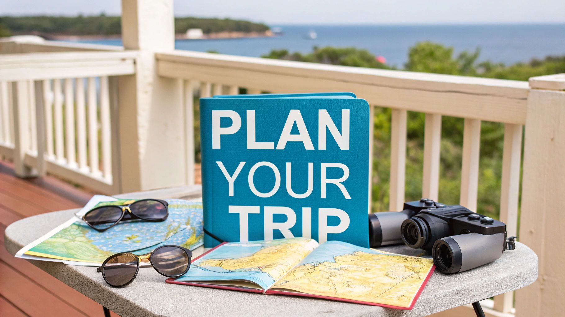 A 'Plan Your Trip' book, maps, sunglasses, and binoculars on a table with an ocean view.