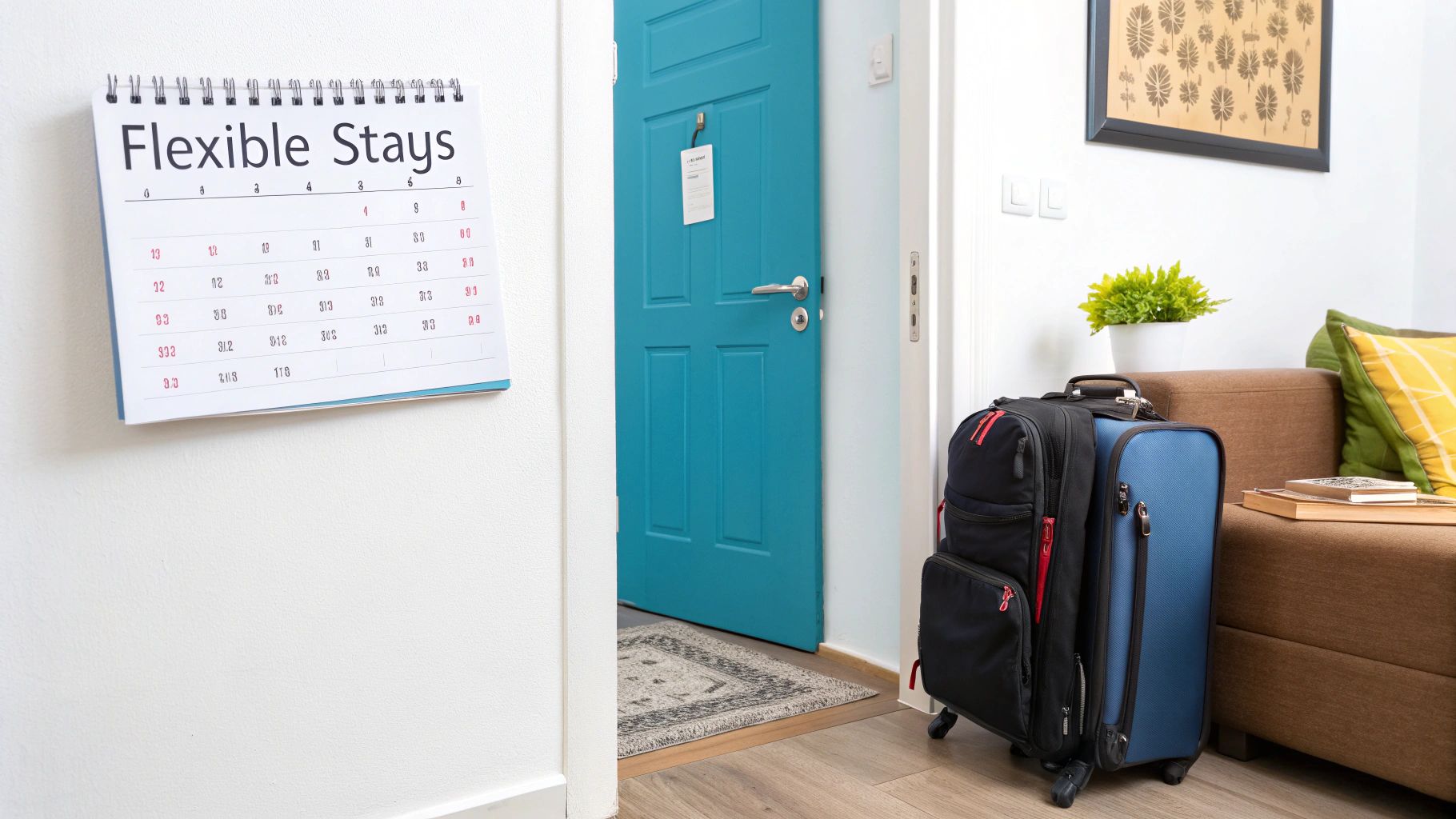 A calendar on a white wall displays "Flexible Stays", next to an open blue door and luggage.