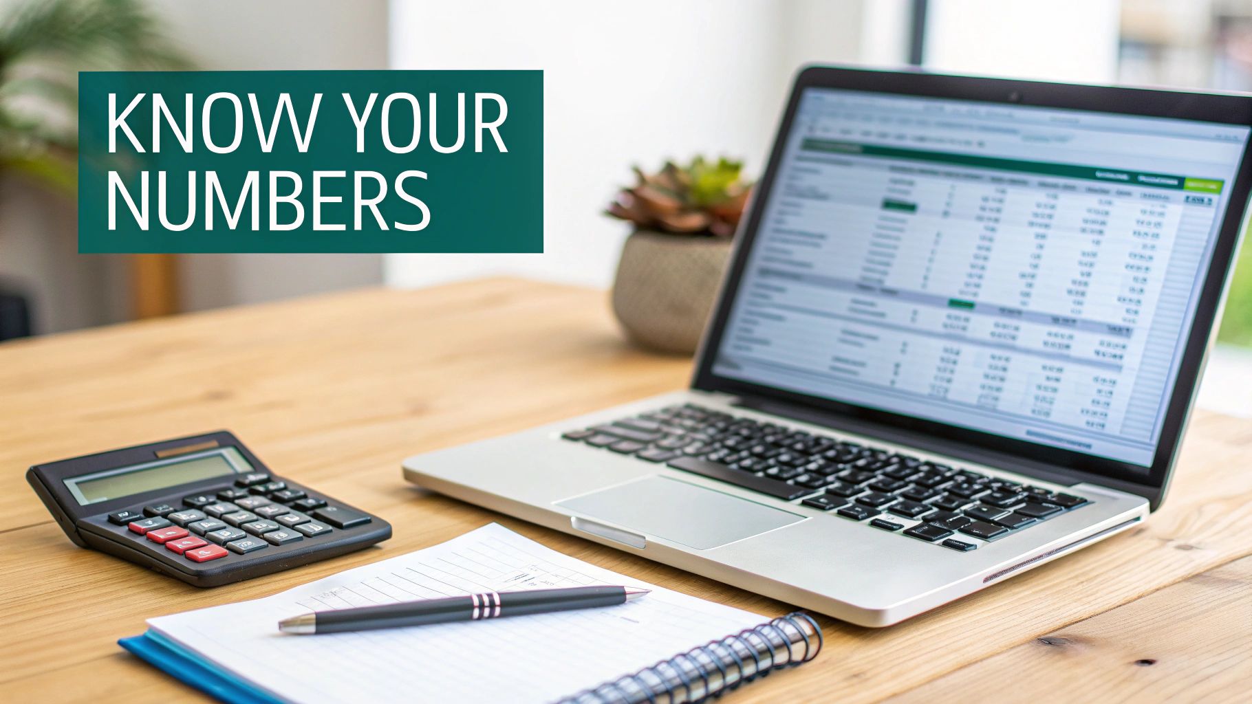 A laptop displaying financial data, calculator, notebook, and pen on a wooden desk with a 'KNOW YOUR NUMBERS' banner.
