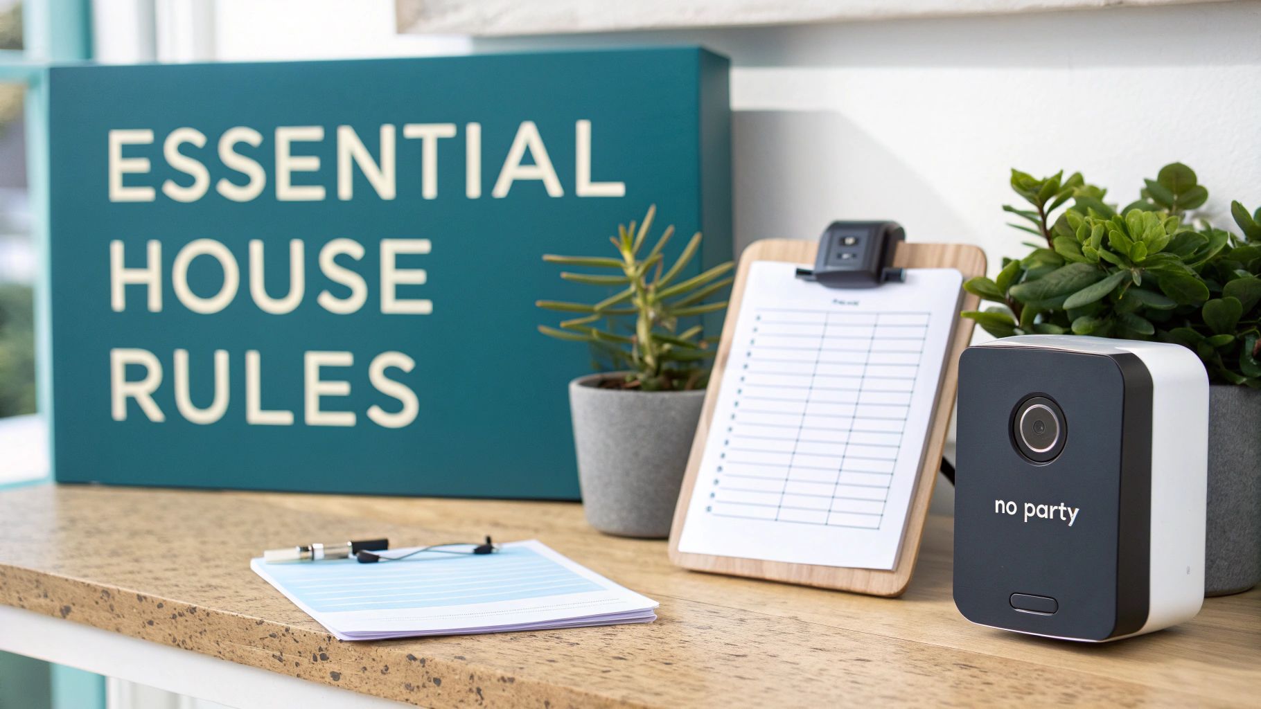 Desk setup with 'Essential House Rules' sign, security camera, plants, and a checklist.
