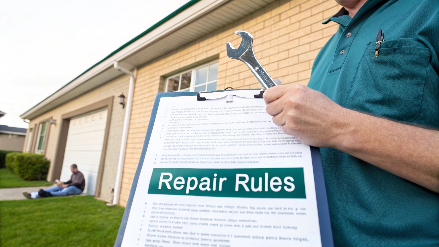 A person holds 'Repair Rules' clipboard and wrench, standing near a house with a garage.