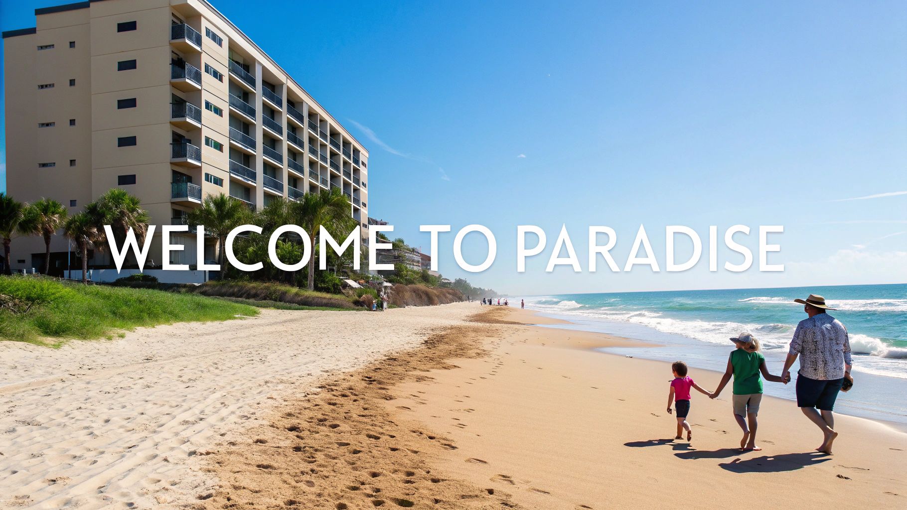 A family strolls on a beautiful sandy beach with ocean waves, palm trees, and a resort building.