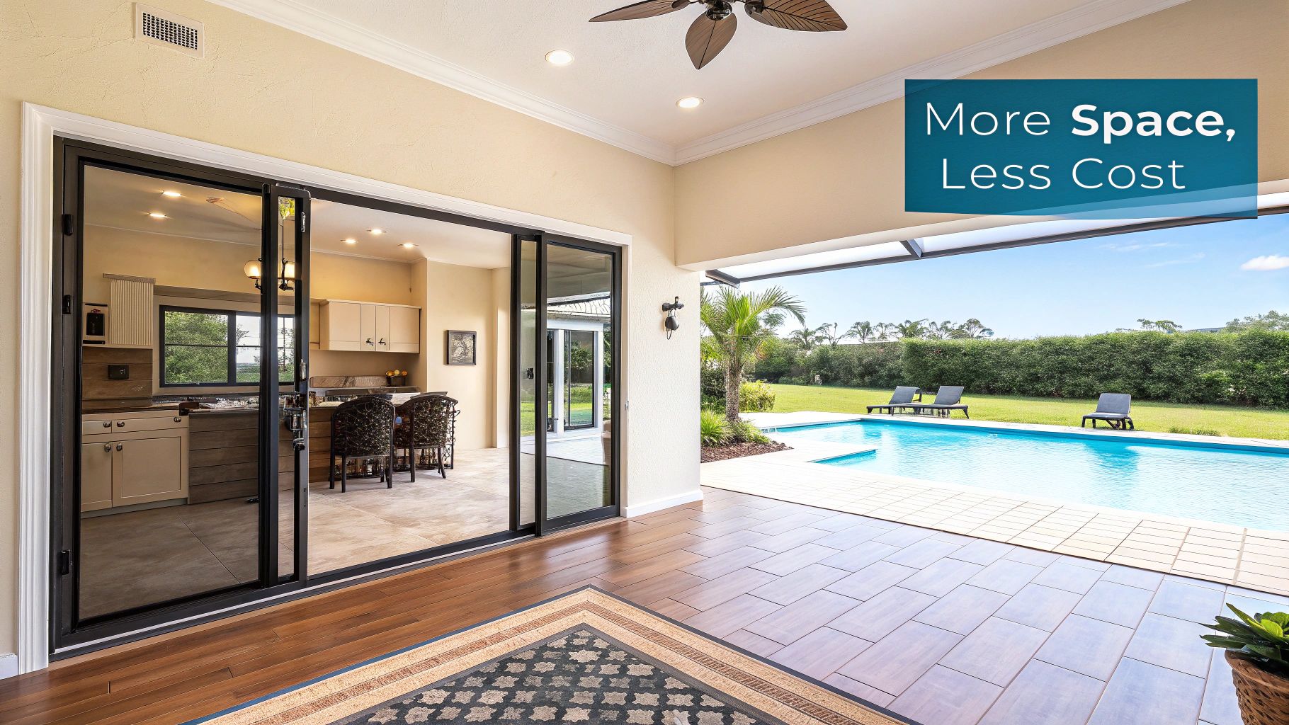 Luxurious indoor-outdoor living space featuring sliding doors, a modern kitchen, a pool, and a manicured backyard.