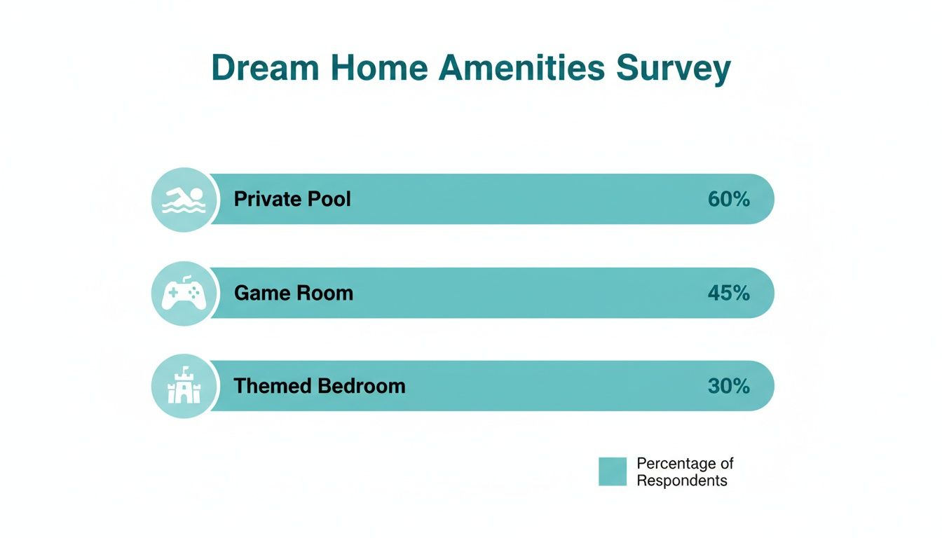 Bar chart illustrating a Dream Home Amenities Survey: Private Pool 60%, Game Room 45%, Themed Bedroom 30%.