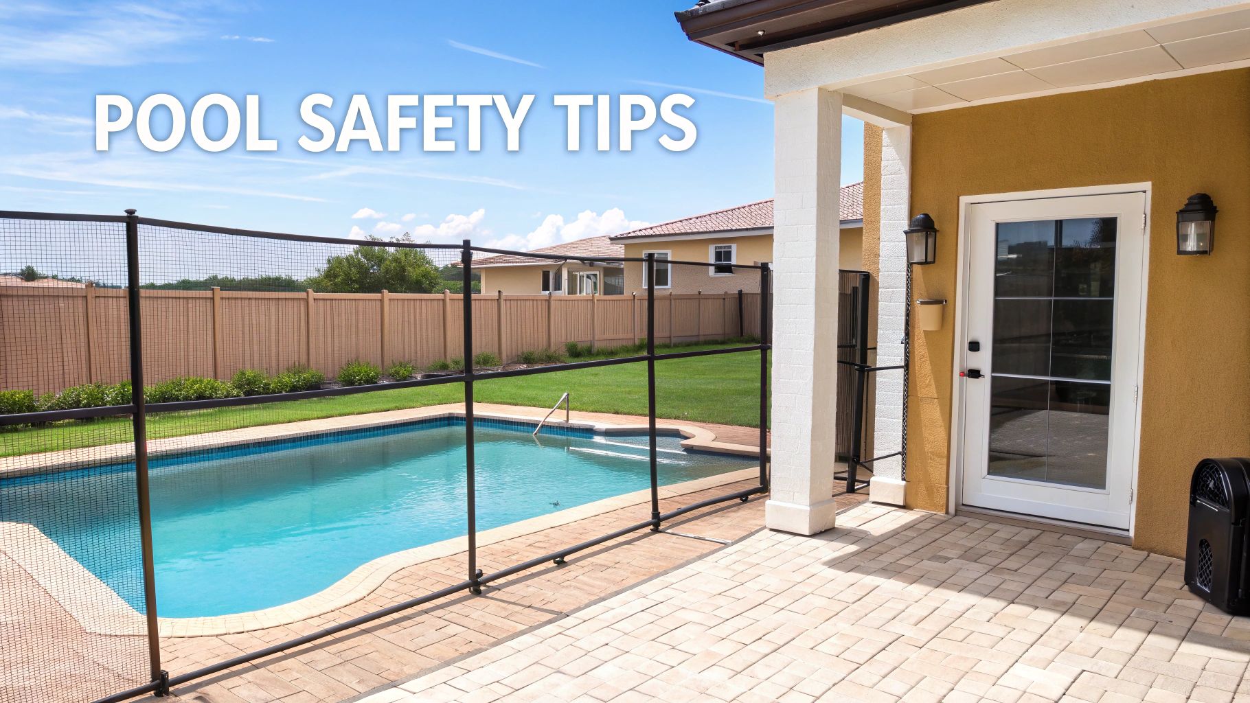 A sunny backyard with a clear blue swimming pool, safety fence, patio, and 'POOL SAFETY TIPS' text.