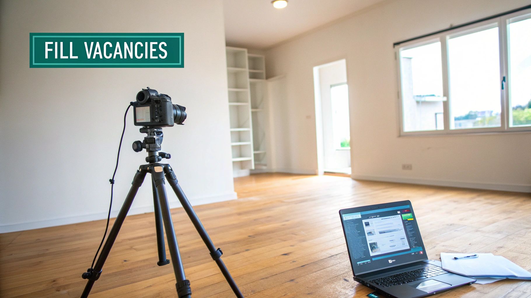 A camera on a tripod and a laptop in an empty room, preparing for property photography to fill vacancies.
